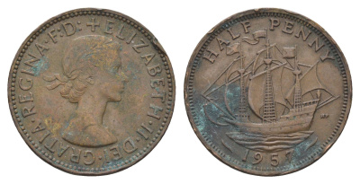 Великобритания 1/2 пенни 1957 Елизавета II (1952-2022) KM 896, Spink 4158 бронза 4662-1141