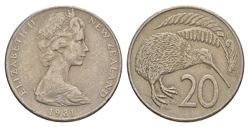 Новая Зеландия 20 центов 1981 Елизавета II (1952-2022), птичка киви KM 36.1 медно-никель 4182-1234