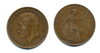 Великобритания 1 пенни 1920 Георг V (1910-1936) КМ 810, Spink 4051 бронза 47-334