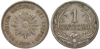 Уругвай 1 сентесимо 1924 KM 19 медно-никель 4169-638