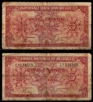 Бельгия 5 франков 1943 Pick 121 бумага 7203-65-1-1