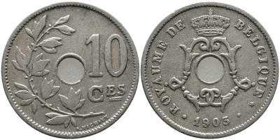 БЕЛЬГИЯ 10 САНТИМОВ 1903 BELGIQUE KM 48 медно-никель 4379-1347