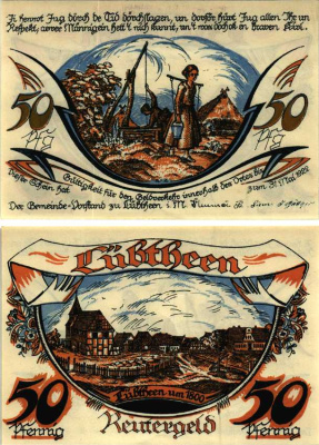 ЛЮБТЗЕЕН (LUBTHEEN) 50 ПФЕННИГОВ 1922 НОТГЕЛЬД, 31 МАЯ 1922, ЗЕМЛЯ Grabowski 834.1 бумага 6318-30-3-1