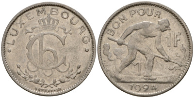Люксембург 1 франк 1924 сталевар, Шарлотта (1918-1964) KM 35 никель 4603-1044