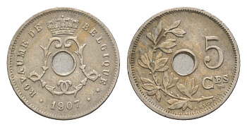 Бельгия 5 сантимов 1907 Belgique, Леопольд I (1865-1909) KM 54 медно-никель 4615-844