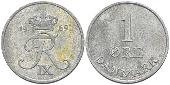 ДАНИЯ 1 ЭРЕ 1969 С; S, ФРЕДЕРИК IX (1947-1972) KM 839.2 цинк 4387-614