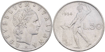 ИТАЛИЯ 50 ЛИР 1954 R, БОГ ОГНЯ ВУЛКАН У НАКОВАЛЬНИ KM 95.1 нержавеющая сталь 4551-332