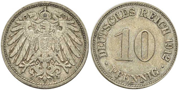 ГЕРМАНИЯ 10 ПФЕННИГОВ 1912 D KM 12, J. 13, Weege 8 медно-никель 212-213
