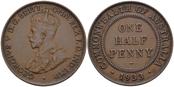 АВСТРАЛИЯ 1/2 ПЕННИ 1933 m, ГЕОРГ V (1910-1936) KM 22 бронза 67-1224