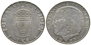 Швеция 1 крона 1983 Карл XVI Густав (1973- ) KM 852a медно-никель 91-243