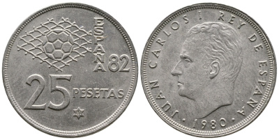 Испания 25 песет 1980 (81) Хуан Карлос, чемпионат мира по футболу Испания 82 KM 818 медно-никель 4110-1546