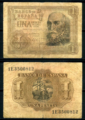 Испания 1 песета 1953 22 июля 1953, Мигель де Санта Круз Pick 144а бумага 7207-42-2-2