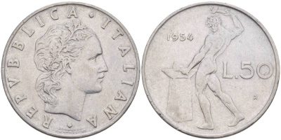 ИТАЛИЯ 50 ЛИР 1954 R, БОГ ОГНЯ ВУЛКАН У НАКОВАЛЬНИ KM 95.1 нержавеющая сталь 4551-332