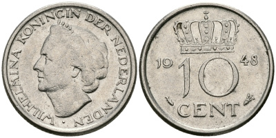Нидерланды 10 центов 1948 Вильгельмина (1895-1948) KM 177 никель 96-518
