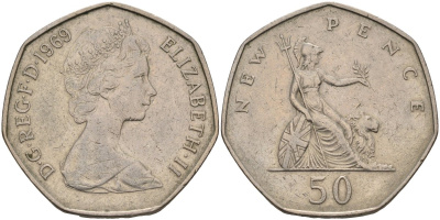 Великобритания 50 пенсов 1969 Елизавета II (1952-2022) KM 913, Spink 4223 (H1) медно-никель 4583-1235
