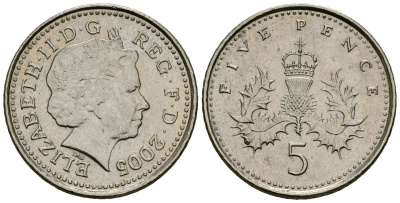 Великобритания 5 пенсов 2005 Елизавета II (1952-2022) KM 988, Spink 4670 (D5) медно-никель 4173-768