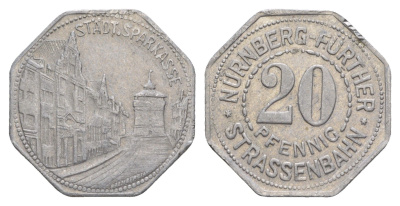 Нюрнберг трамвайный (транспортный) жетон в 20 пфеннигов ND (1920-1921) сберегательная касса Men05 19256.36, Men18 24102.36 алюминий 4638-335