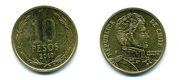 ЧИЛИ 10 ПЕСО 2010 ГЕНЕРАЛ БЕРНАРДО О ХИГГИНС KM 228.2 никель-бронза 37-823
