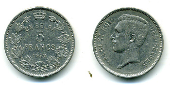 БЕЛЬГИЯ 5 ФРАНКОВ 1932 BELGES KM 97.1 никель 179-245