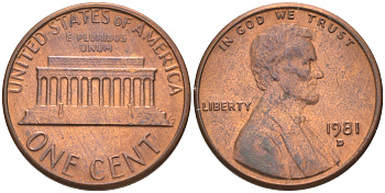 США 1 ЦЕНТ 1981 D, ЛИНКОЛЬН KM 201 медь цинк UNC 188-222