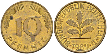 ФРГ 10 пфеннигов 1989 F KM 108, J. 383 сталь плакированная латунью 4163-834