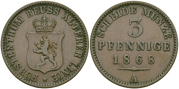 РЕЙС-ШЛАЙЦ 3 ПФЕННИГА 1868 А KM 76 медь 4127-845
