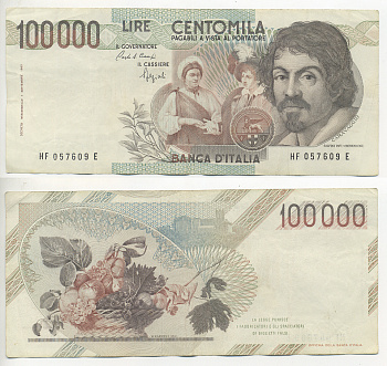 Италия 100000 лир 1983 Караваджо, фруктовый букет, подпись Speziali Pick 110b бумага 7220-10-1