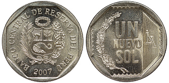 Перу 1 новый соль 2007 KM 308.4 медно-никель UNC 4605-222