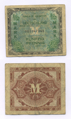 ГЕРМАНИЯ 1/2 МАРКИ 1944 9 ЦИФР В НОМЕРЕ Pick 191а бумага 7146-29-2-1