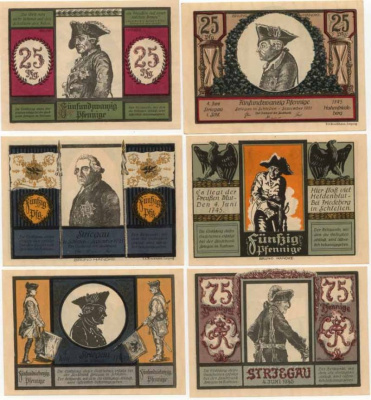 Германия, Стригау лот из 6 бон 25, 50 и 75 пфеннигов 1921 полководцы Grabowski 1284.1  бумага  UNC (пресс) 7555-15-3-2