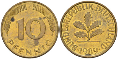 ФРГ 10 пфеннигов 1989 F KM 108, J. 383 сталь плакированная латунью 4163-834
