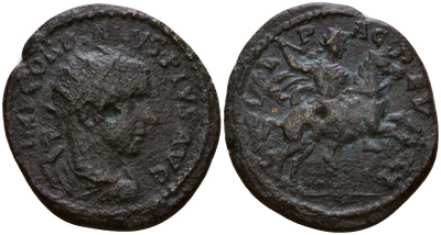 Римская Империя, Провинция Фракия, Деульт AE 238 - 244 Гордиан III, бюст императора / император верхом на лошади Jurukova, Deultum 370 бронза 1100-8-43