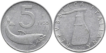 ИТАЛИЯ 5 ЛИР 1955 R, РУЛЬ, ДЕЛЬФИН KM 92 алюминий 89-734