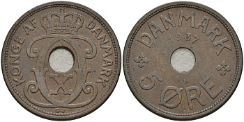 Дания 5 эре 1937 Кристиан X (1912-1947) KM 828 бронза 4148-223