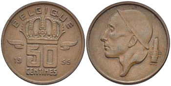 БЕЛЬГИЯ 50 САНТИМОВ 1955 BELGIQUE, БОДУЭН I (1951-1993) KM 144 бронза 116-1012