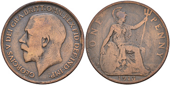 Великобритания 1 пенни 1913 Георг V (1910-1936) KM 810, Spink 4051 бронза 4590-1145