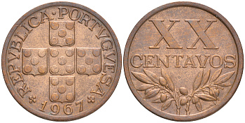 ПОРТУГАЛИЯ 20 СЕНТАВО 1967 KM 584 бронза 4561-532