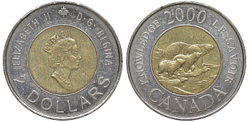 Канада 2 доллара 2000 миллениум, полярные медведи KM 399 биметалл 4605-625