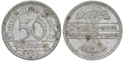 Германия 50 пфеннигов 1921 A KM 27, J. 301 алюминий 4163-1024