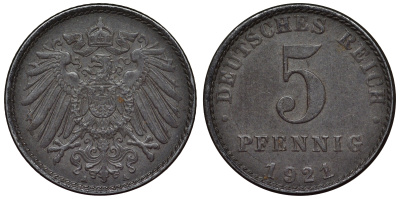 Германия 5 пфеннигов 1921 A KM 19, J. 297, Weege 5 железо 4118-1114