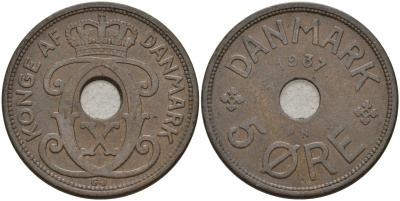 Дания 5 эре 1937 Кристиан X (1912-1947) KM 828 бронза 4148-223