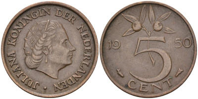 Нидерланды 5 центов 1950 Юлиана (1948-1980) KM 181 бронза 4592-846