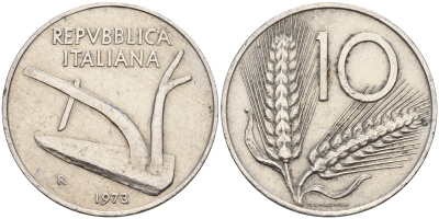 Италия 10 лир 1973 R, плуг KM 93 алюминий 4595-342