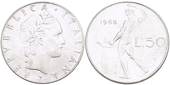 ИТАЛИЯ 50 ЛИР 1968 R, КУЗНЕЦ, ВУЛКАН БОГ ОГНЯ, ДИАМЕТР 25 ММ. KM 95.1 нержавеющая сталь 4390-1035