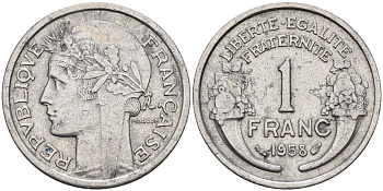 Франция 1 франк 1958 тип Морлон KM 885а.1 алюминий    4153-433