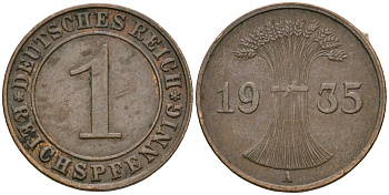 Германия 1 рейхспфенниг 1935 A KM 37, J. 313 бронза 4528-552