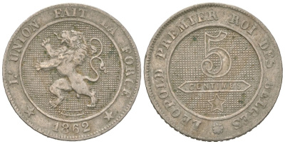 Бельгия 5 сантимов 1862 Леопольд I (1831-1865) KM?21 медно-никель 4615-659