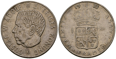 Швеция 1 крона 1973 U, Густав VI Адольф (1950-1973) KM 826а медь плакированная медно-никелем 4176-533