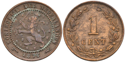 Нидерланды 1 цент 1878 Виллем III (1849-1890) KM 107 бронза 4576-545