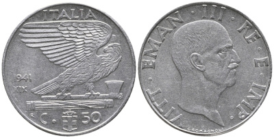 ИТАЛИЯ 50 ЧЕНТЕЗИМО 1941 R, ГОД XIX, МАГНИТНАЯ, ВИТОРИО ИМАНУИЛ III KM 76b нержавеющая сталь 34-314